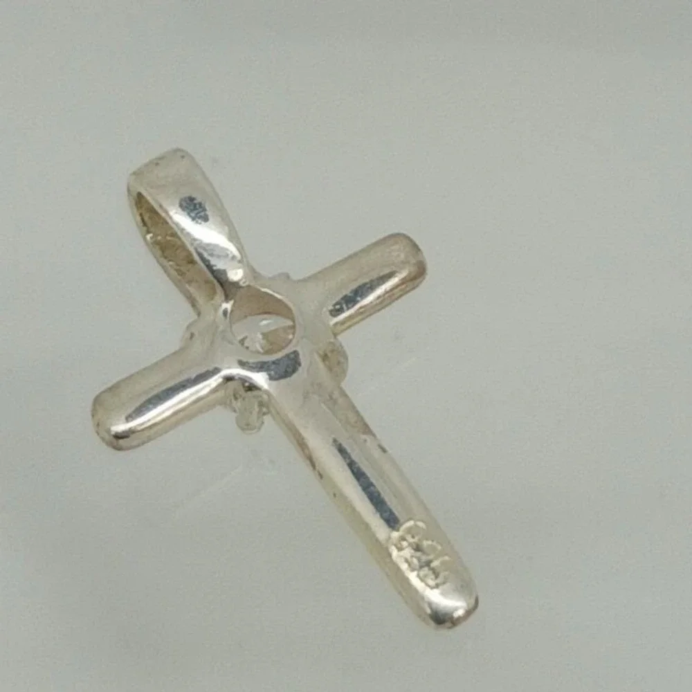 Sterling Silver 925 Cross Pendant Round Cubic Zirconia Religious Charm 0.75 Inch